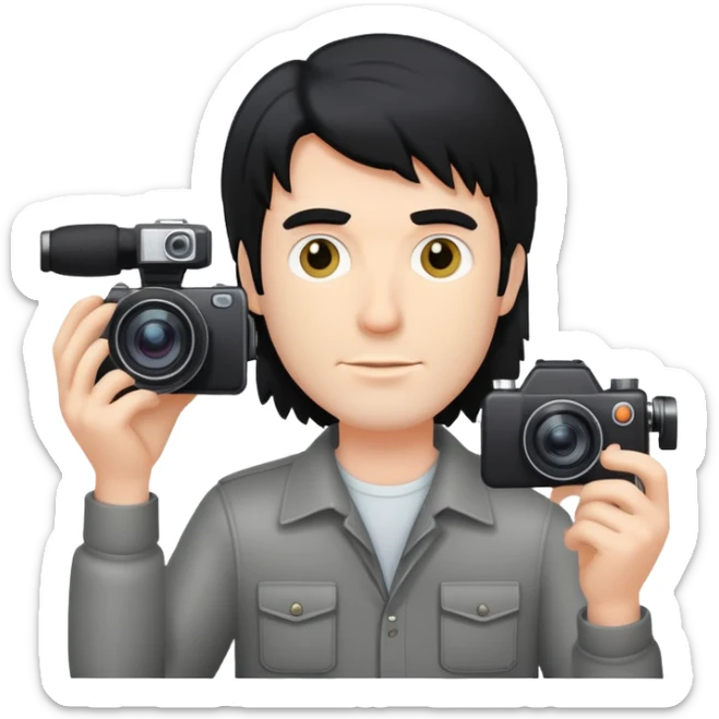 a white man with black mullet hair holding a foto camera sticker
