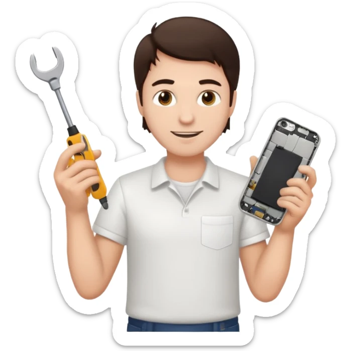 make a white guy with dark brown hair, with a simple white o grey shirt, repairing an iphone happy, tecnician with tools sticker