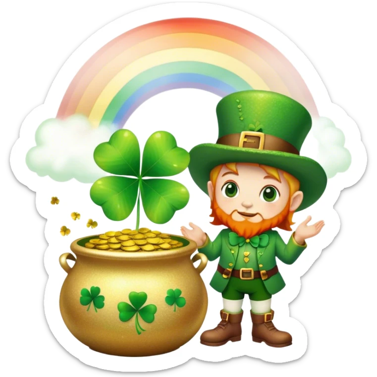 Green glittery four leaf clover with a little leprechaun standing beside the pot of gold with a rainbow  sticker