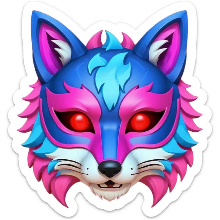 Ancient wooden mask, broken in half, luminous and neon with red, blue, and pink fox-like glow. Fragments of the mask scattered around. sticker