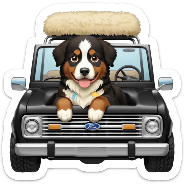 Bernese mountain dog in a cream colored ford bronco with no roof sticker