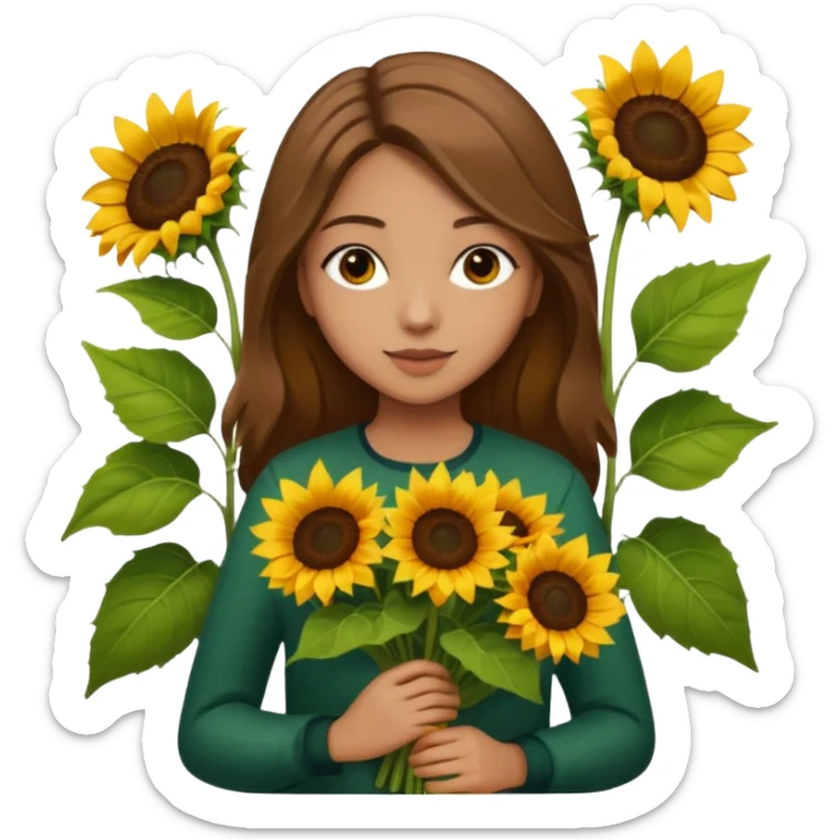 She appears to be a young woman with medium-length light brown hair that falls naturally past her shoulders. 
 In her hands, she holds a bouquet of bright yellow sunflowers with large green leaves, which stand out vividly against her dark clothing and the dark tiled wall behind her. sticker