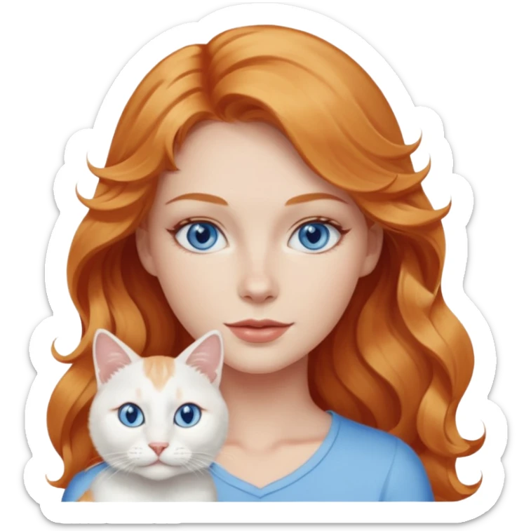 Long wavy strawberry blonde blue eyes woman with a white cat with blue eyes sticker