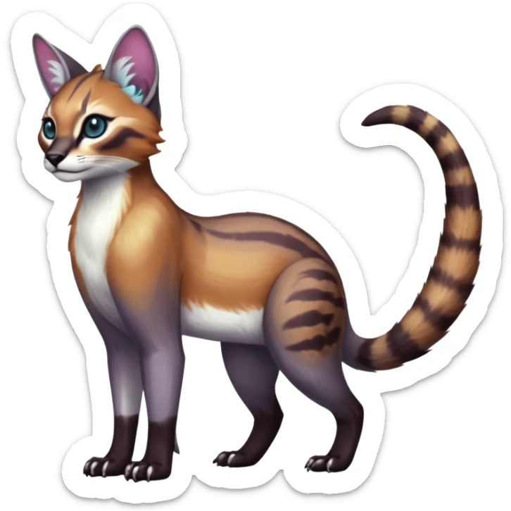 Colorful dark tropical white iridescent glorious divine exotic cute cool beautiful shiny beautiful fantasy-caracal-civet-genet-sergal-vernid-Cacomistle-oncilla-animal-Fakémon-hybrid-fursona (full body) sticker