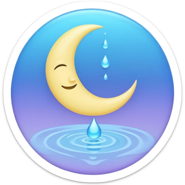 Minimalist pastel emoji of a crescent moon resting inside a glowing blue water droplet with soft ripples and a lavender-mint glow aura, smooth gradients, gentle lighting, ASMR aesthetic. sticker