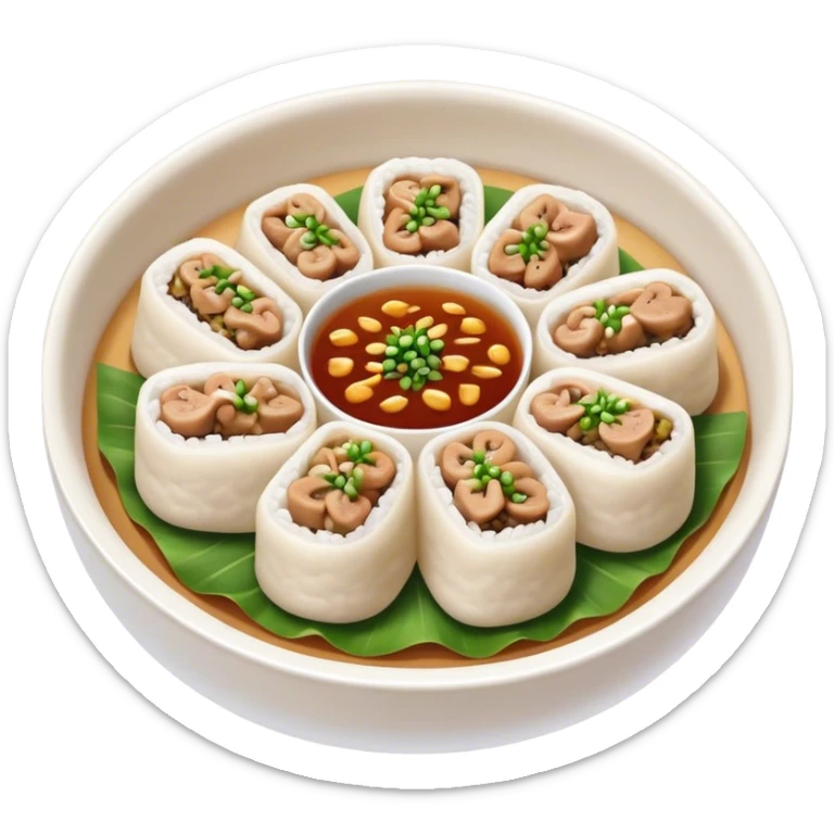 Cinematic Realistic B√°nh cu·ªën Dish Emoji, featuring steamed rice rolls filled with savory minced pork and mushrooms rendered with soft textures and inviting, warm lighting. sticker