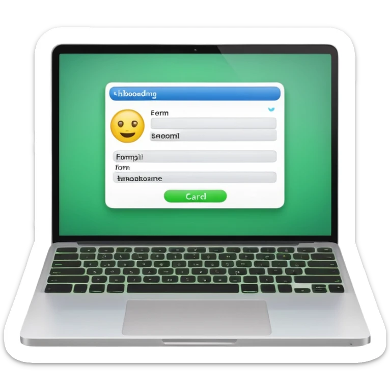 A emoji-style illustration of a laptop front facing with its screen showing onboarding form. On the screen, display a small white form card with a few input fields no labels. Add a bright green button at the bottom of the card no label. fix the keyboard letters. sticker