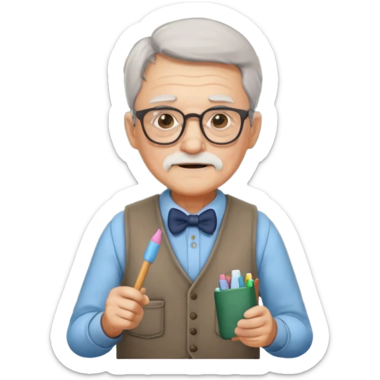 Man teacher: old, wearing vest, wearing glasses, hold chalk on their hand sticker