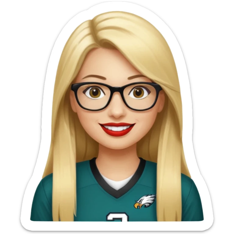 long blonde straight hair, black small glasses, smiling, lipstick, full length eagles football uniform, 33 sticker