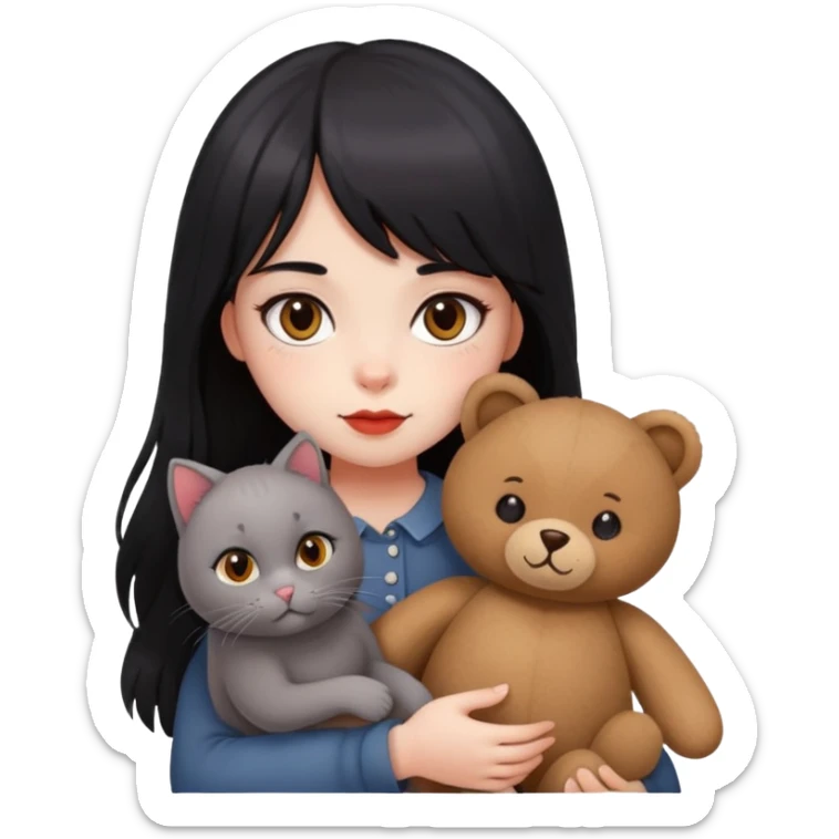 girl,drak eyes, red cheeks, black long hair with a bang, white face, holding a British gray cat and a brown teddy bear sticker