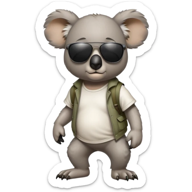 anthropomorphised koala in casual clothing, wearing dark sunglasses, walking upright, looking like a tough guy sticker