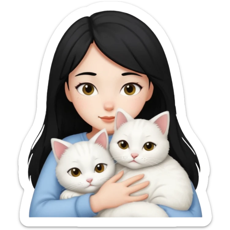 black-hair-girl snuggle with white cat sticker