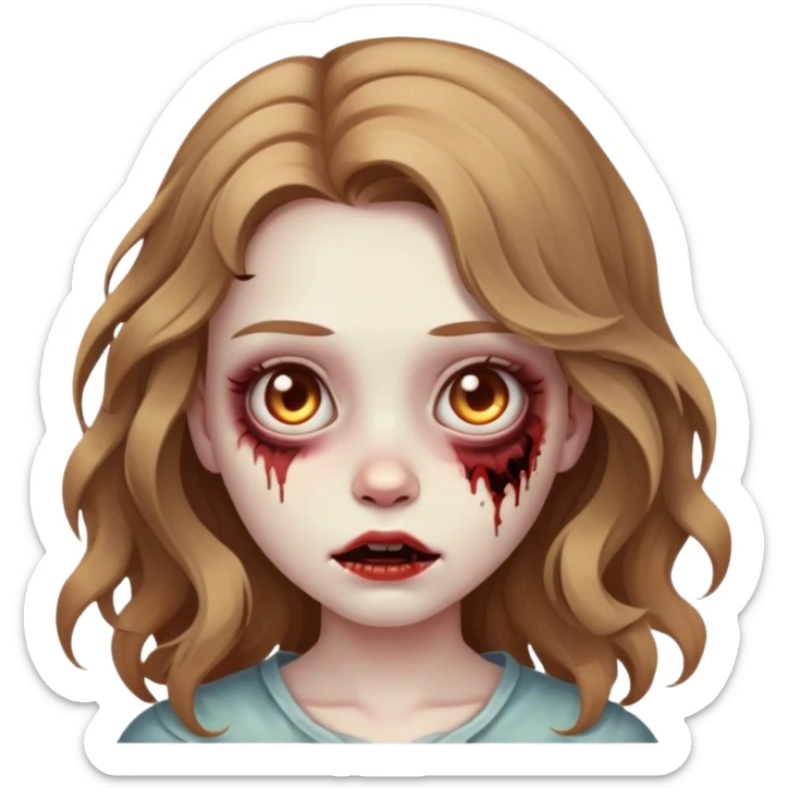 uma garota com o cabelo ondulado e castanho claro, inspirado em um emoji de zumbi sticker