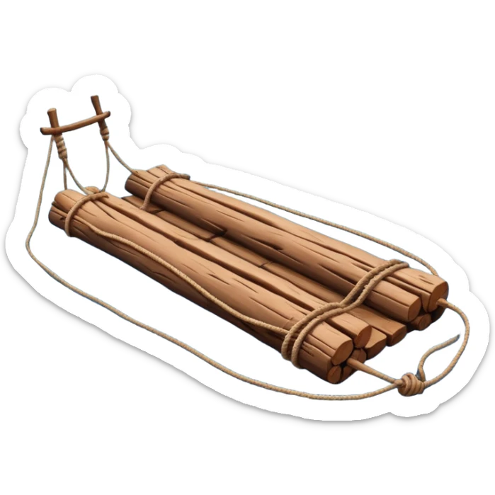 showing a simple wooden raft floating on calm blue water — made of several brown logs tied together with rope — gentle ripples around it — bright, cheerful lighting and soft shadows — minimalist, clean emoji design sticker