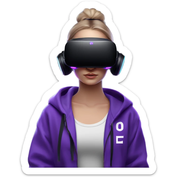 Russian girl wearing black hoody with violet letters "OMG", in vr headset oculus quest2. Standing like jedi. Cyberpunk style. Violet neon. sticker