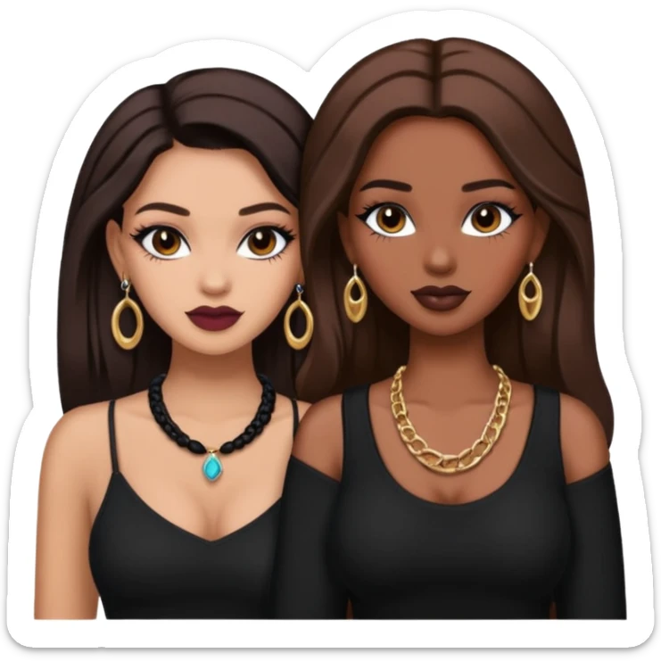 Boujy baddie best friends, trendy heavy makeup both dark hair one light skinned and one mocha brown pretty hair both wearing black and earrings and necklace one mocha brown skin better ones please  sticker