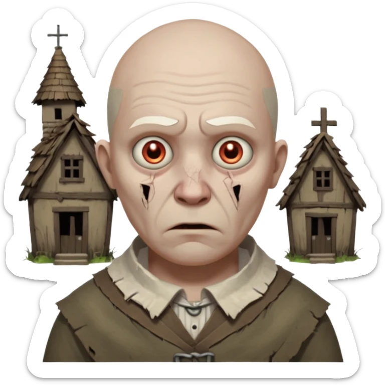 cursed village villager portrait, head and shoulders only, pale skin, torn rustic clothes collar, haunted eyes, eerie atmosphere, 3D cartoon, mobile game icon style, clean background, no text, no watermark

 sticker