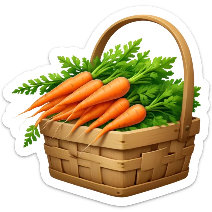Cinematic vibrant orange carrot, crisp and fresh, slightly twisted with green leafy tops, arranged in a rustic wooden basket, natural and inviting. sticker