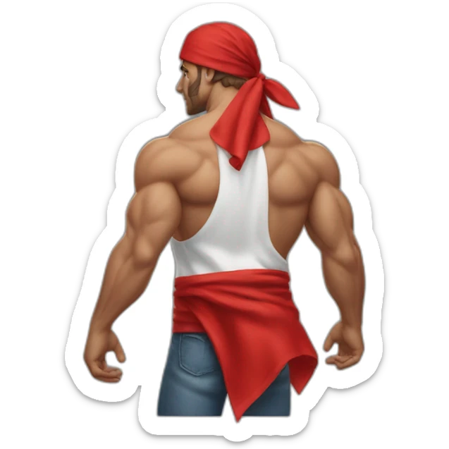 muscular man in red bandana turning facing away from the viewer turning his head back to face the viewer,torso sticker