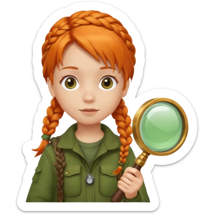 braid orange haired girl kid in moss green explorer outfit, holding magnifying glass sticker