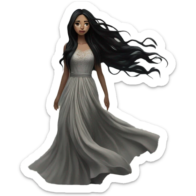 Dramatic girl  very pale with dark lighting  with black hair  in river with very very long lace dress  black long hair flying in the wind sticker