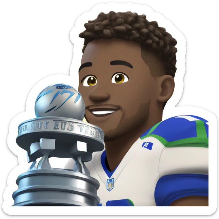 josh allen wearing a number 17 jersey, standing in front of a trophy  sticker