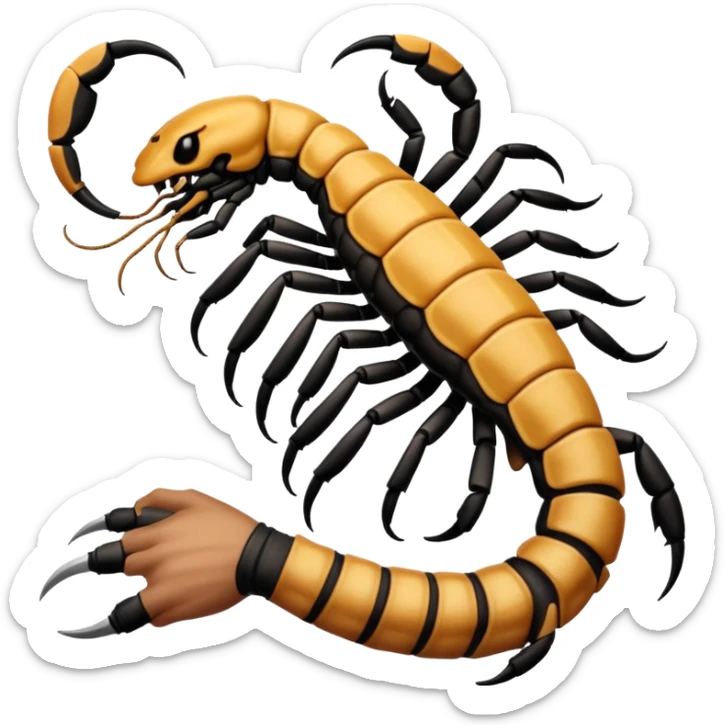 A 3D cartoon scorpion tattoo on a forearm, black ink, detailed stinger and claws, soft lighting, Memoji-style realism. sticker
