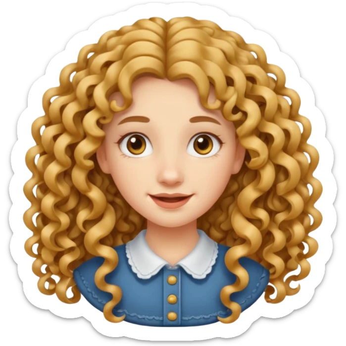 create a frontend girl that has an oval face and very very long curly hair and has braces  and white sticker