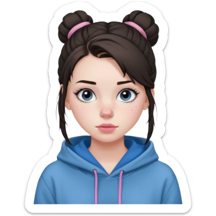 Create a teenage girl with straight brunette hair pulled into a messy bun, pale skin, light freckles, and blue-grey eyes. She will have pink lips and long black eyelashes. She will be wearing a big black hoodie. sticker
