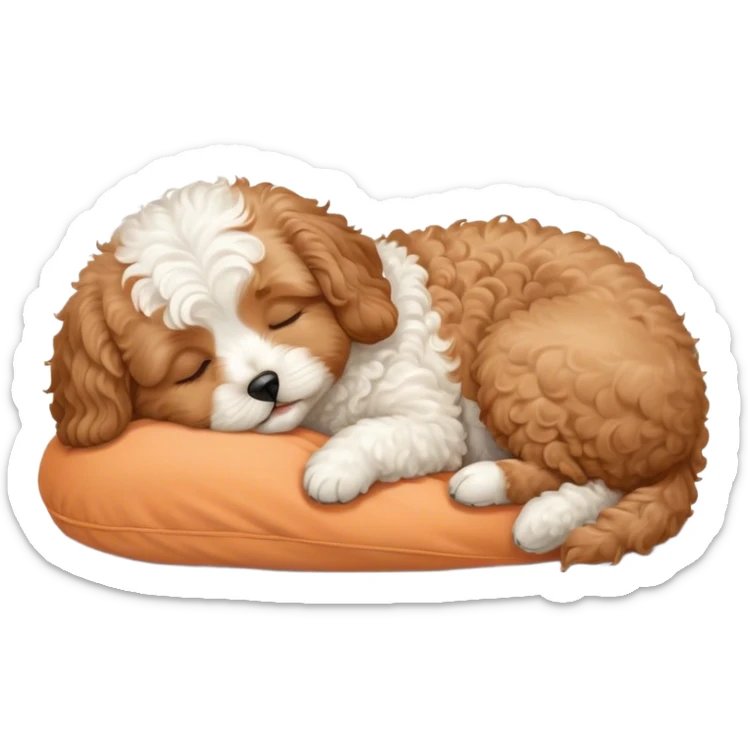 Cinematic Meme-Worthy Chubby Sleeping Cavoodle Portrait Emoji, Head resting peacefully with a contented smile, showcasing a delightfully chubby build and a luxuriously soft, curly apricot coat with gentle white accents, eyes shut in a serene nap, Simplified yet hilariously adorable features, highly detailed, glowing with a soft, drowsy light, high shine, relaxed and utterly lovable, stylized with an air of playful laziness, bright and heartwarming, soft glowing outline, capturing the essence of a comically sleepy Cavoodle, so meme-worthy it feels like it could instantly become the next viral sensation of adorable slumber! sticker
