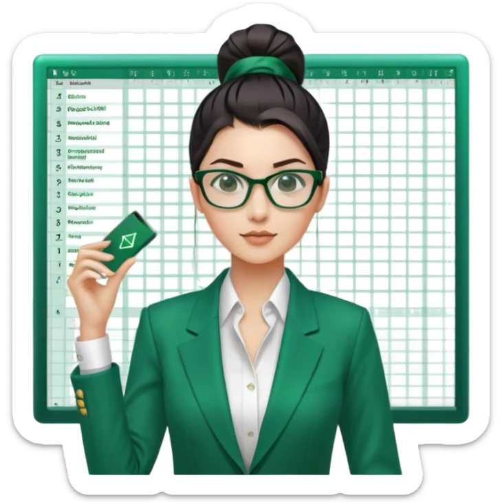 Hair: Sleek high ponytail with center parting Face: Narrow glasses reflecting spreadsheet grids Clothes: Emerald green blazer with rolled sleeves Action: Swiping between dual monitors rapidly sticker