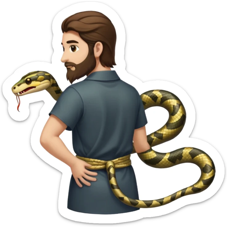 full body man long brown hair brown eyes medium beard white skin seen from behind, snake wrapped around arm and back sticker