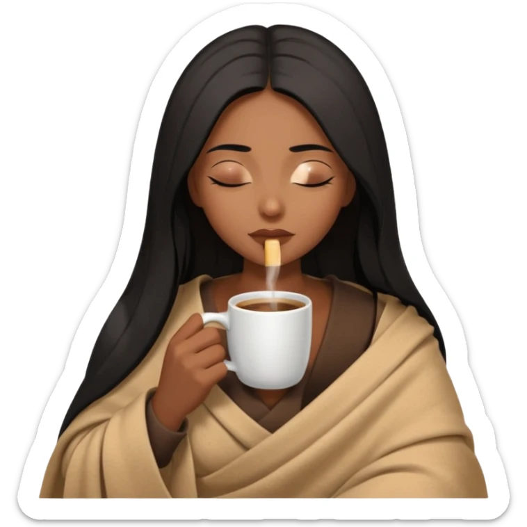 Chocolate brown girl with long straight jet black hair wrapped inside a tan blanket sipping coffee eyes closed sticker