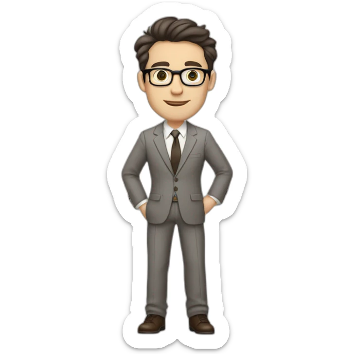 Full height Pale skinned Fit Man With dark brown hair in classic gray suit, beige office shirt, dark gray tie, and vintage glasses. His hands lock sticker