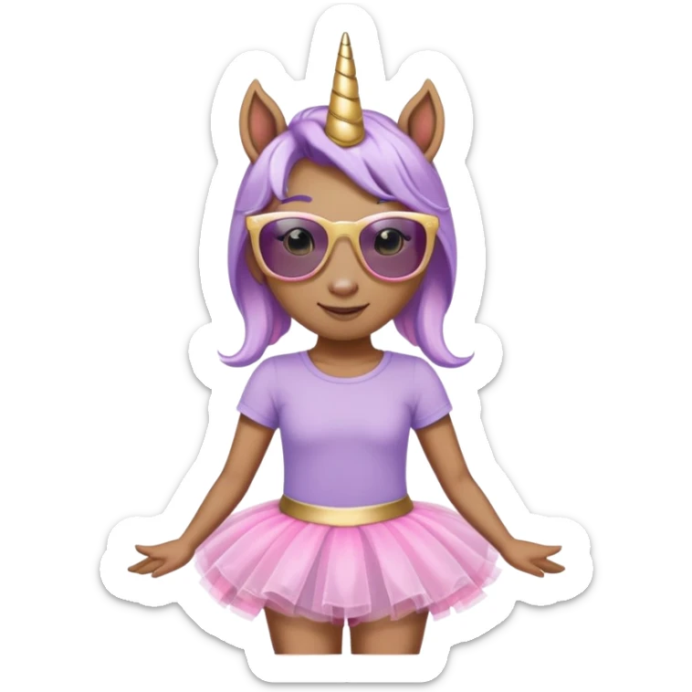 head and shoulders portrait of a friendly anthropomorphised female unicorn in tutu and pink t-shirt, wearing dark sunglasses, lavender and gold color scheme sticker