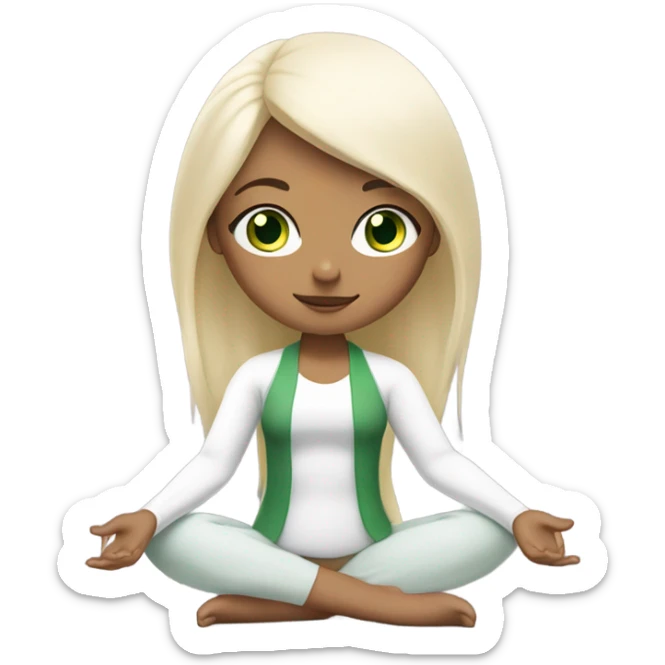 a very beautiful girl with a proportioned face smaller than her body and a long white blonde and green eyes is sitting in a yoga pose sticker
