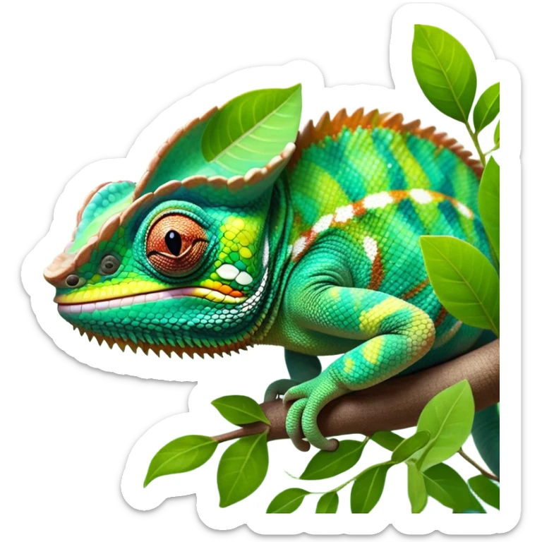 cinematic giant-smiling. chameleon-realistic emoji,-blending-with-vibrant-greenery.-detailed-scales-in-shifting-colors,-showing-the-chameleon’s-ability-to-camouflage.-soft-natural-light-highlights-its-texture.-light-background, zoomed into its face sticker