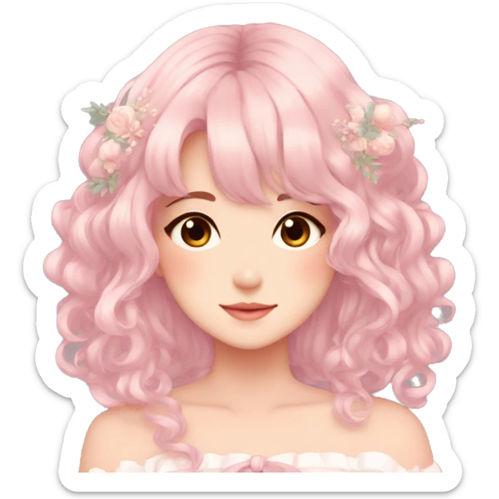 Gorgeous pastel anime style lady with blushing face and hair garnitures and pretty hair aesthetic trending style sticker