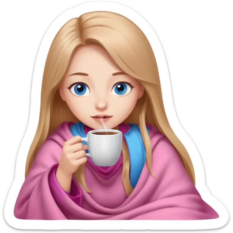 A girl with blue eyes, long eyelashes, very long light brown hair, inside a pink blanket with coffee sticker