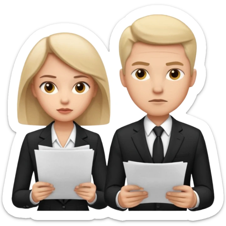 man in formal suit talking to woman in formal suit, they sit, papers in hands sticker