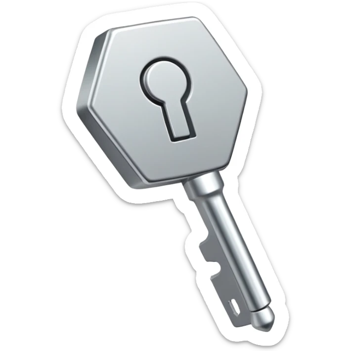 Pequeña llave metálica plateada con forma hexagonal en la cabeza y la palabra NATIONAL grabada – símbolo simple y elegante de acceso físico y seguridad personal sticker