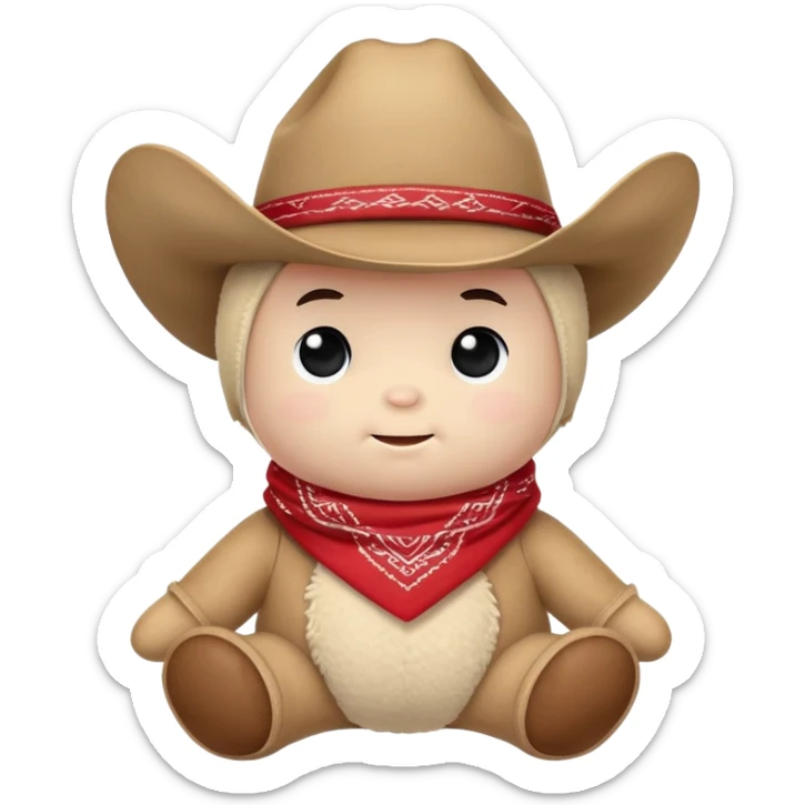A cuddly baby cowboy plush toy with a red bandana and chubby cheeks sticker