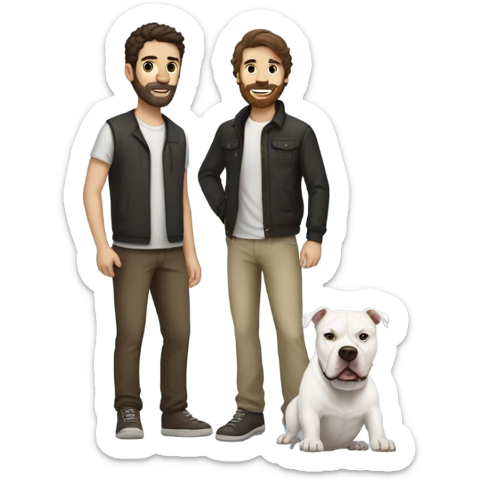 white male with dark brown hair and a lightly scruffy beard shadow standing alongside a white pitbull sticker
