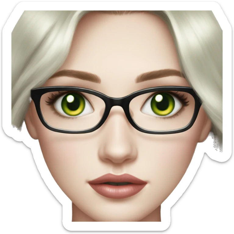 Pale skin with natural makeup and face shape like diamond. Green eyes. Glasses colour white. Brunette with highlights hair. Lips like Kat Dennings. Gaze eyes look sticker