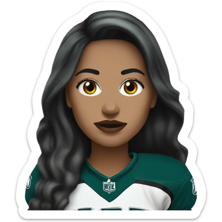 White female long dark hair red lips wearing Philadelphia Eagles jersey sticker