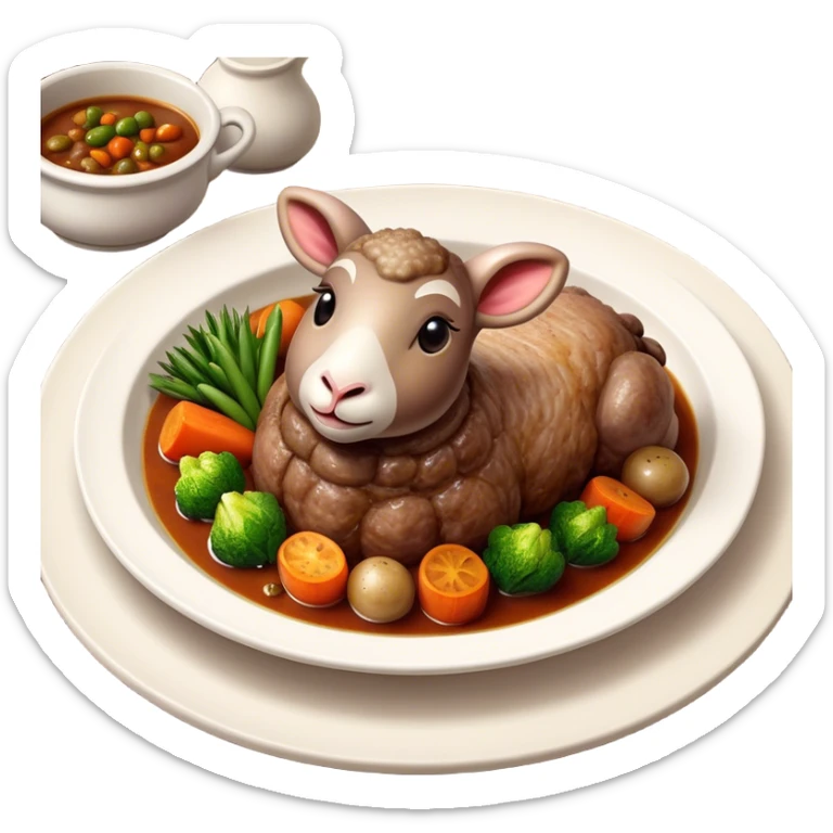 Cinematic Realistic Roast Lamb Dish Emoji, depicted with tender, succulent lamb roasted to perfection and served with seasonal vegetables, rendered with rich textures and inviting warm lighting that captures its traditional heritage. sticker