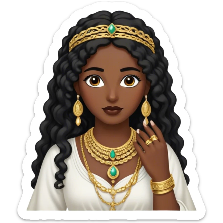 The Palestinian woman, she had long curly black hair and well defined eyebrows wears a white traditional dress. Her accessories steal the spotlight—intricately designed gold bangles, statement rings, and layered necklaces— she doesn’t have a head or hair accessories sticker