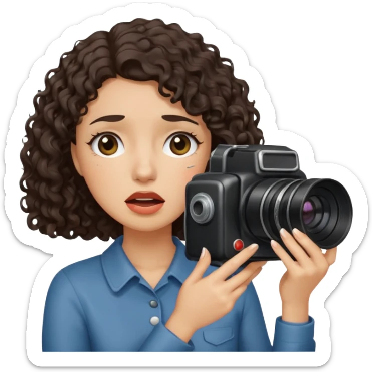 Woman with chin length dark curly hair holding a camera softly crying sticker