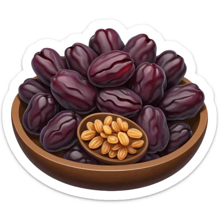 small cluster of raisins, dried, deep brown to purplish, wrinkled, glossy, irregular shriveled, soft curves, subtle texture, no stems, no bowl, no garnish, soft lighting, transparent background, emoji scale sticker
