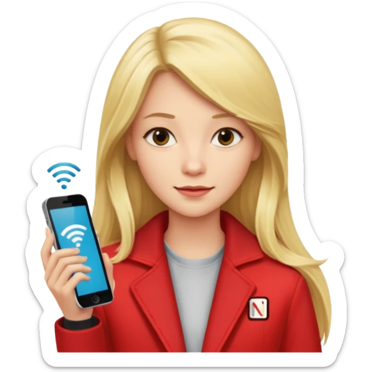 mujer  joven rubia con pelo largo y saco rojo con modem de internet y wifi con netflix sticker